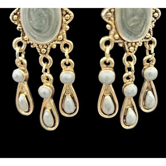Vintage Light Green Aventurine Gold-Tone Dangle Earrings Teardrop Accents 2" - Picture 3 of 4